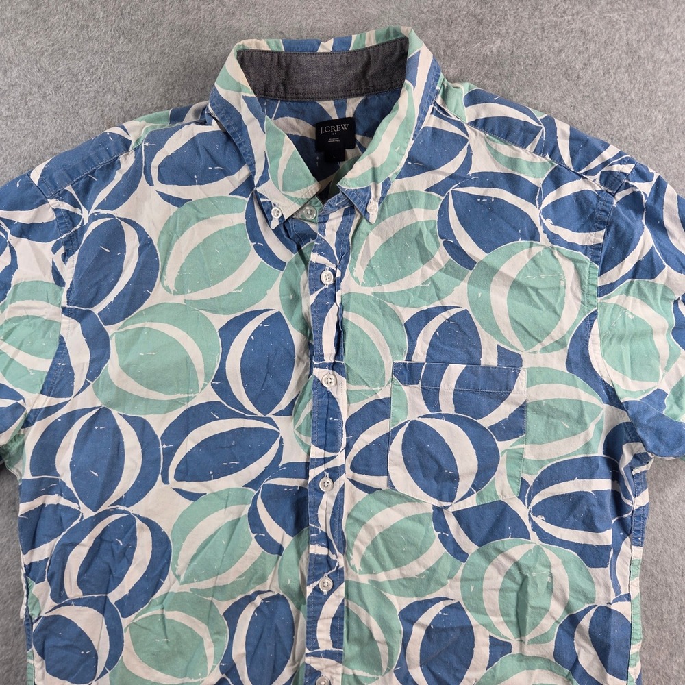 J.Crew Button Down Shirt Mens Large Blue Green Geometric Circle Short Sleeve